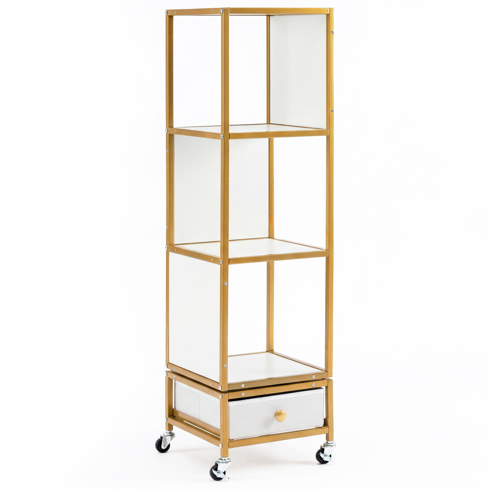 Four-tier rotating bookshelf on wheels showcases a stylish gold metal frame with a convenient knob for easy drawer access.