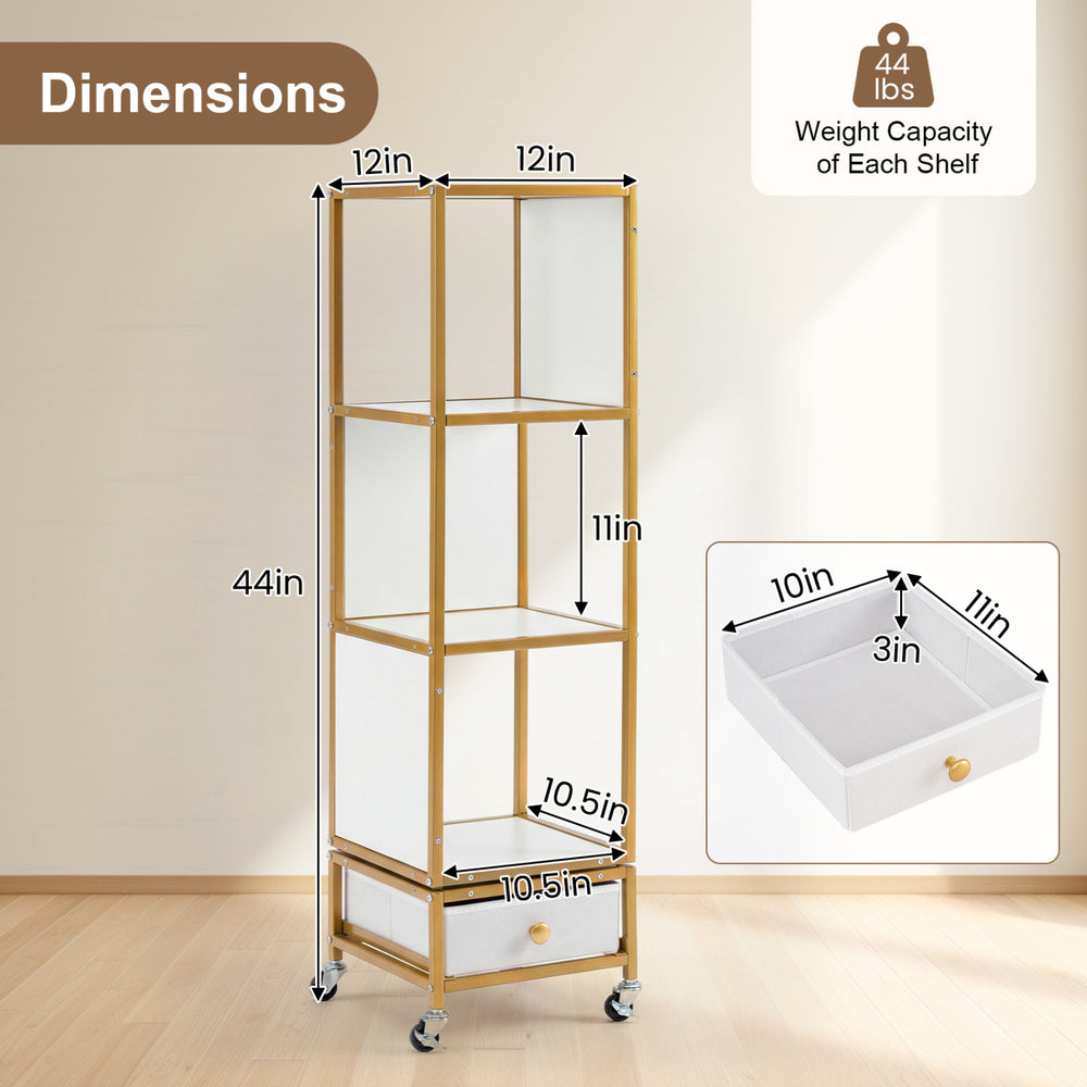 4-tier rotating bookshelf on wheels features spacious open shelves and a removable drawer for organized storage.