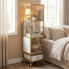 4-tier rotating bookshelf on wheels with removable drawer, featuring a gold metal frame and compact design for easy organization.