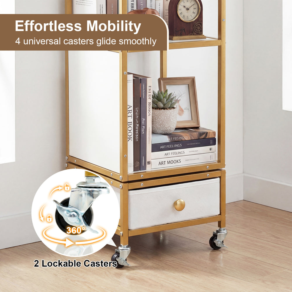 4-tier rotating bookshelf on wheels features a removable drawer and 4 smooth-gliding casters for easy mobility.