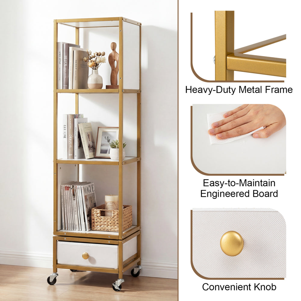 4-tier rotating bookshelf on wheels features a heavy-duty metal frame, removable drawer, and smooth 360° rotation for easy access.