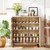 4-tier shoe cabinet with louvered doors, natural wood finish, and ample storage for organized shoe display.