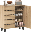4-tier shoe cabinet with louvered doors, natural wood finish, and removable shelves for organized shoe storage.