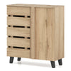 4-tier shoe cabinet with louvered door, natural wood finish, ample storage, and sturdy frame for organized shoe storage.