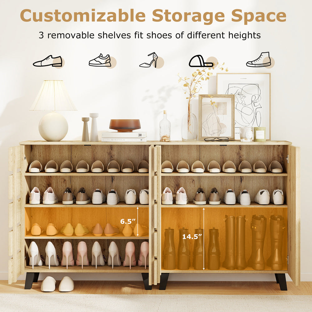 4-tier shoe cabinet with louvered doors, featuring 3 removable shelves for customizable storage of various shoe heights.