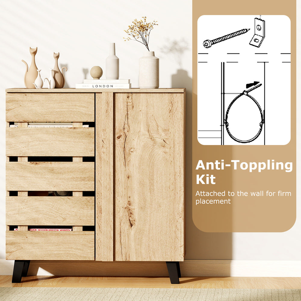 4-tier shoe cabinet with louvered doors in natural wood finish, featuring anti-tipping kit for secure wall placement.