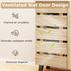Louvered door design of the 4-tier shoe cabinet enhances airflow, reducing odors while showcasing a natural wood finish.