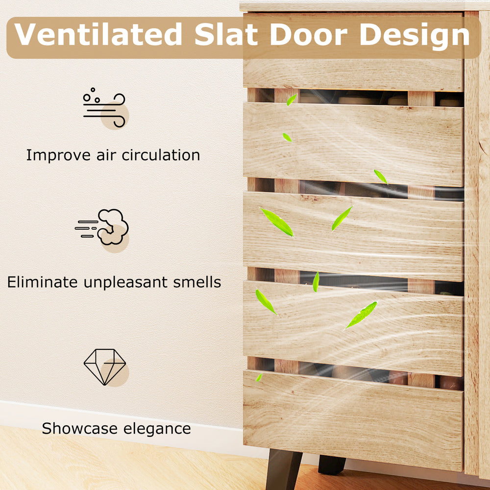 Louvered door design of the 4-tier shoe cabinet enhances airflow, reducing odors while showcasing a natural wood finish.