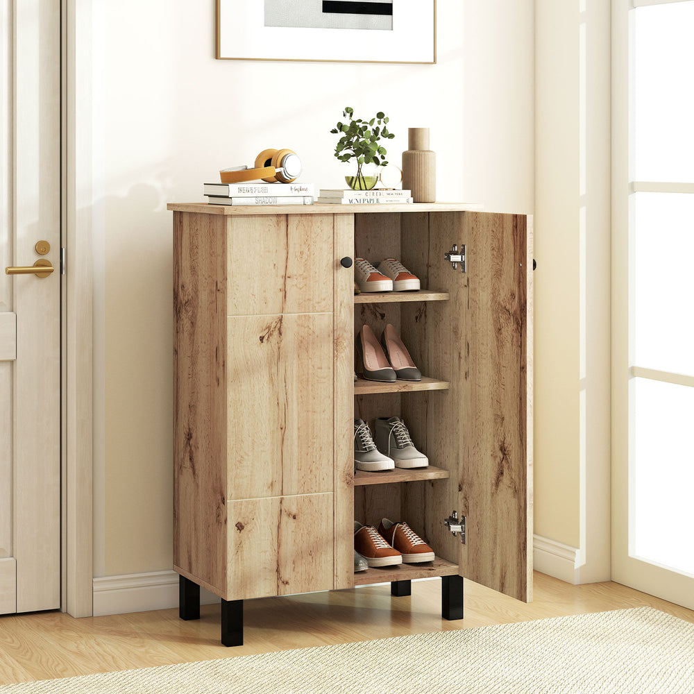 4-tier shoe organizer with natural wood grain finish, featuring removable shelves and two doors for versatile storage.