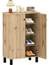 4-tier shoe organizer with natural wood grain finish, featuring removable shelves and two doors for stylish storage.