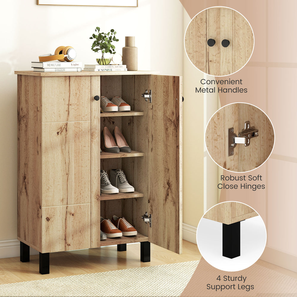 4-tier shoe organizer with natural wood grain finish, removable shelves, and sturdy support legs for entryways or.