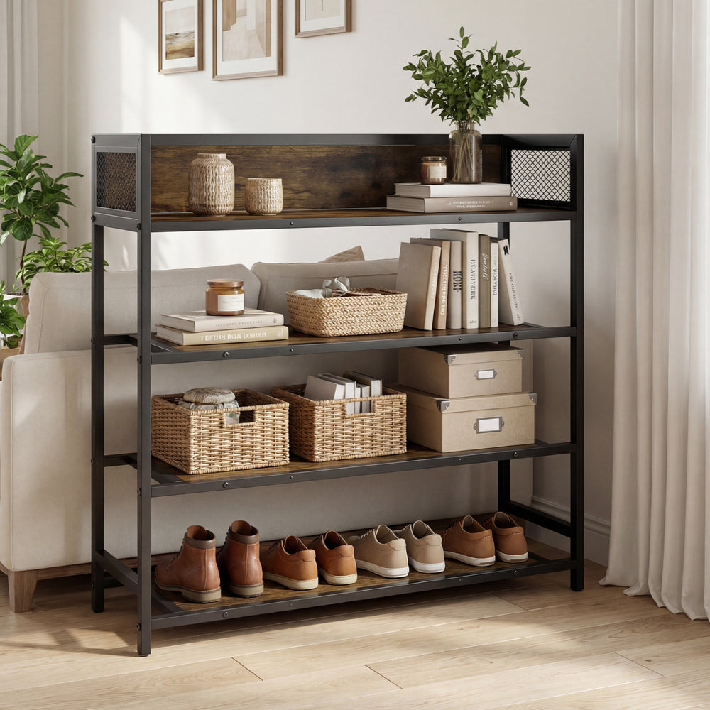 4-tier shoe rack with a heavy-duty metal frame in rustic brown, featuring woven baskets and space for shoes.