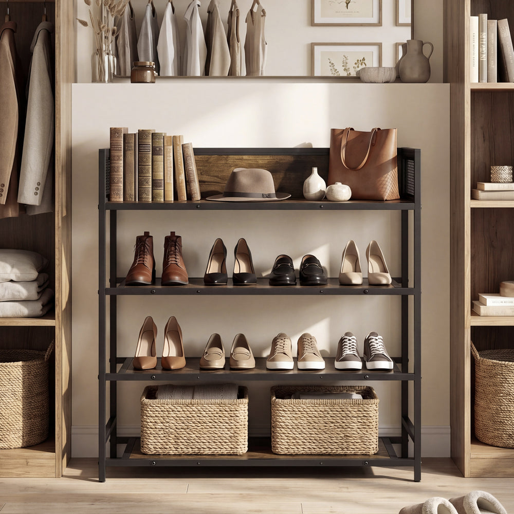 4-tier industrial shoe rack with heavy-duty metal frame in rustic brown, showcasing shoes and storage baskets.