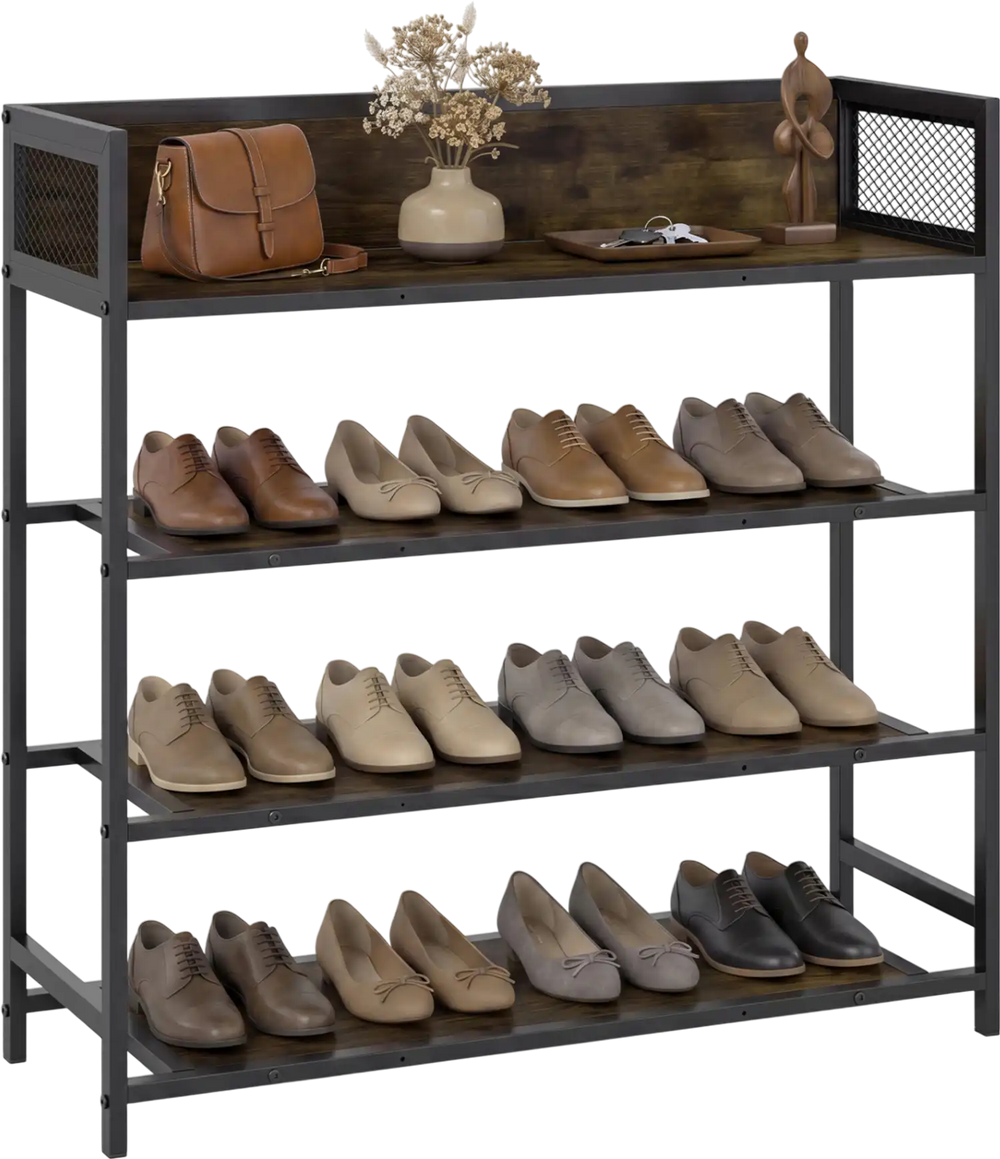 4-tier shoe rack with heavy-duty metal frame in rustic brown, showcasing various shoes and decorative items on top.