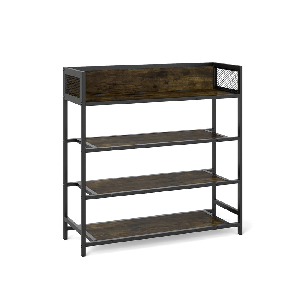 4-tier shoe rack with a heavy-duty metal frame and rustic brown shelves, ideal for organizing shoes in industrial style.