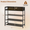 4-tier shoe rack with a heavy-duty metal frame and rustic brown shelves, measuring 32" H x 27" W x 11" D.