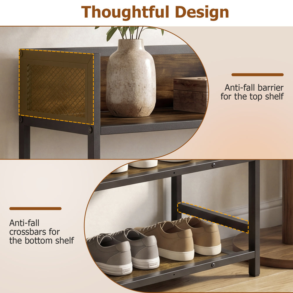 4-tier shoe rack with heavy-duty metal frame, featuring anti-fall barriers for top and bottom shelves in rustic brown.