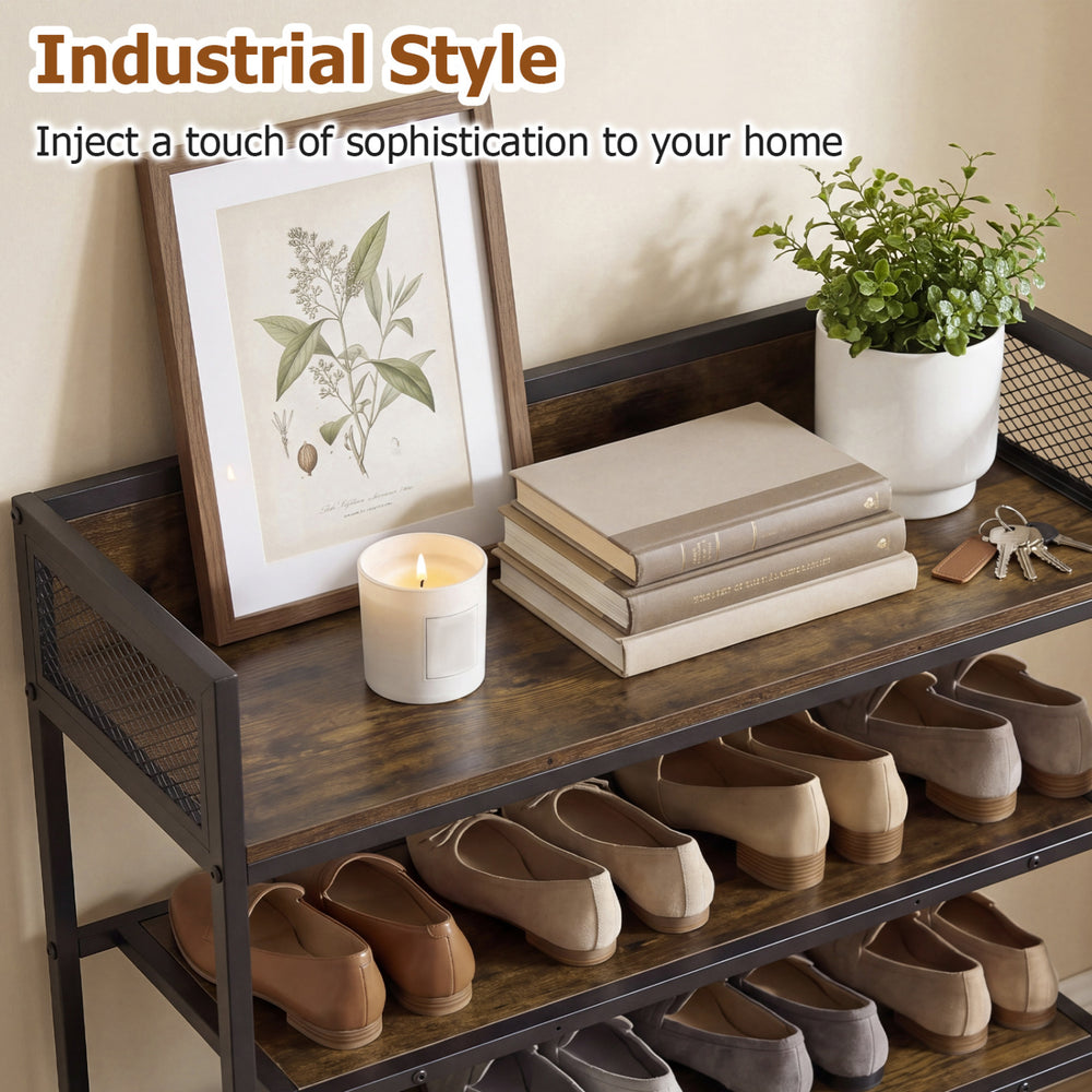 4-tier industrial shoe rack in rustic brown with heavy-duty metal frame, perfect for stylish shoe organization.