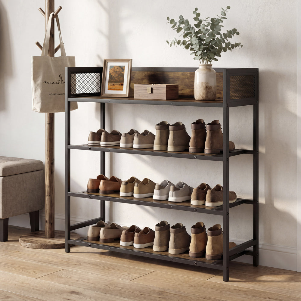 4-tier industrial shoe rack with heavy-duty metal frame and rustic brown finish, ideal for organizing footwear.