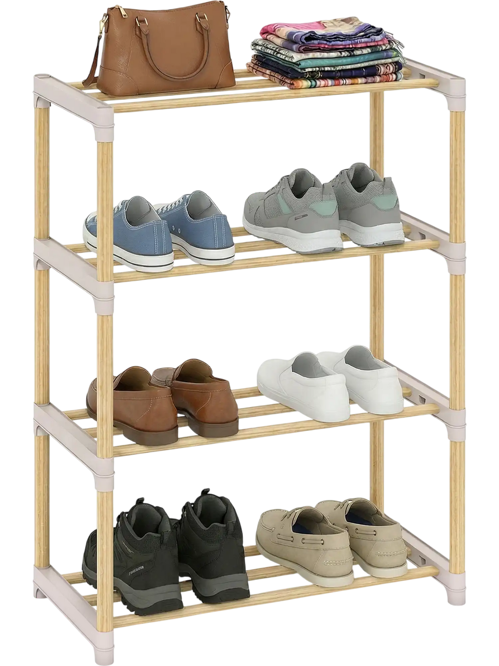 4-tier solid wood shoe rack in gray with slatted shelves, ideal for organizing footwear in entryway or closet.