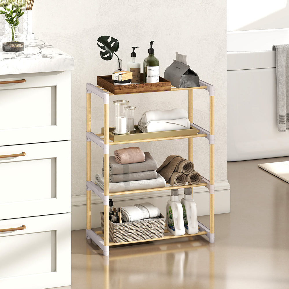 4-tier solid wood shoe rack in gray with slatted shelves for organized footwear storage in entryway or bedroom.