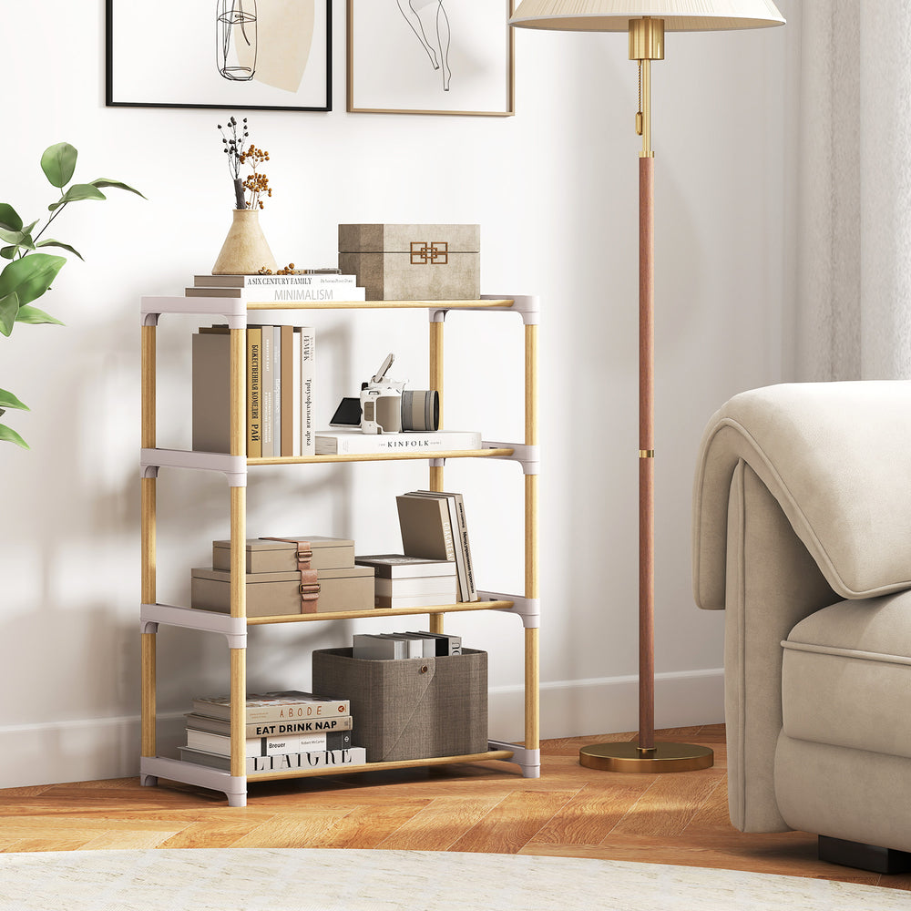 4-tier gray shoe rack with solid pine wood frame and slatted shelves, ideal for entryway or closet storage.