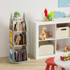 Tree-shaped green rotating bookshelf with 4 shelves and 6 side storage options, perfect for kids' rooms and playrooms.