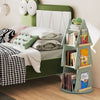 Tree-shaped 4-tier kids rotating bookshelf in green, featuring solid pine wood and 360° display for easy access.