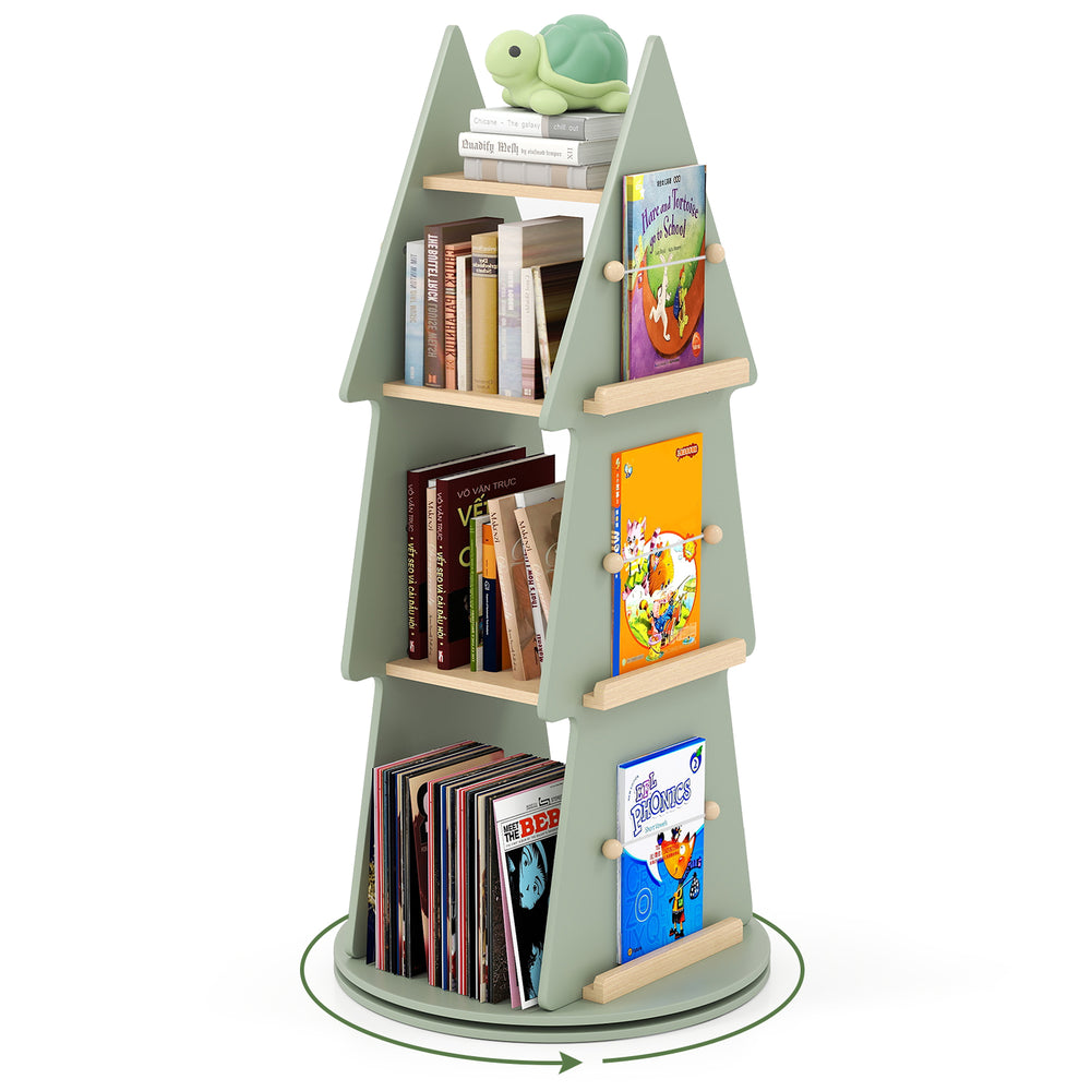 Tree-shaped 4-tier rotating bookshelf in green with solid pine wood, perfect for kids' rooms and playful storage.