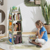 Tree-shaped 4 tier kids rotating bookshelf in green with 360° display, perfect for organizing books in playrooms.