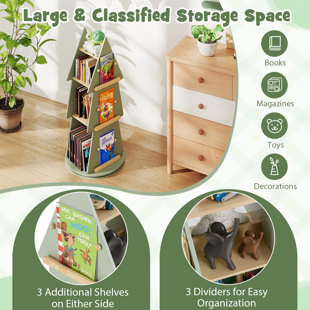 Tree-shaped 4-tier kids rotating bookshelf in green with 360° display, 3 dividers, and 6 side shelves for organized.