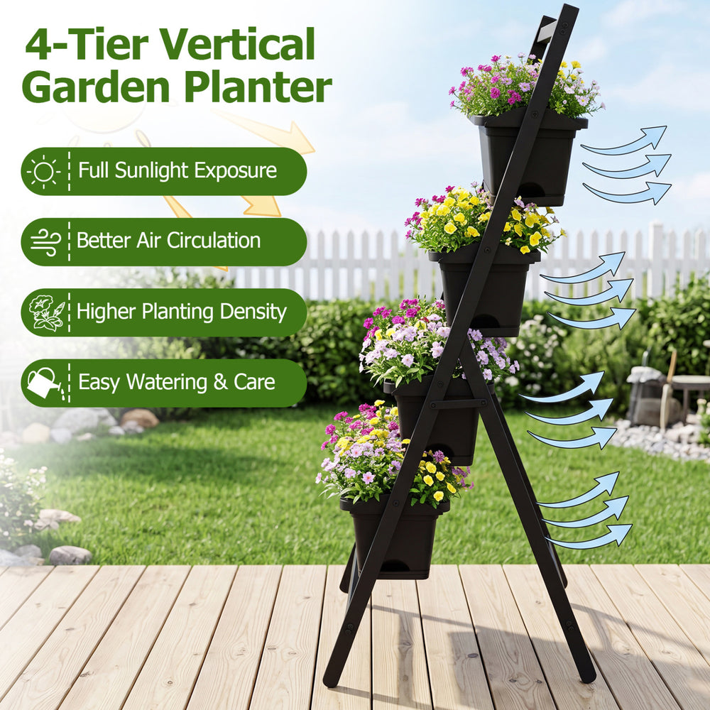 4-tier vertical garden planter with detachable containers, drainage holes, and a robust metal frame for outdoor spaces.