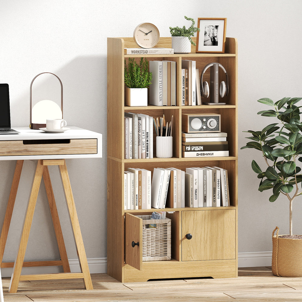 4 Tiers Bookshelf with 4 Cubes Display Shelf and 2 Doors-Natural - Gallery View 1 of 9