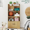 Natural 4-tier bookshelf with open shelves and 2-door cabinet, perfect for kids' room or living space organization.