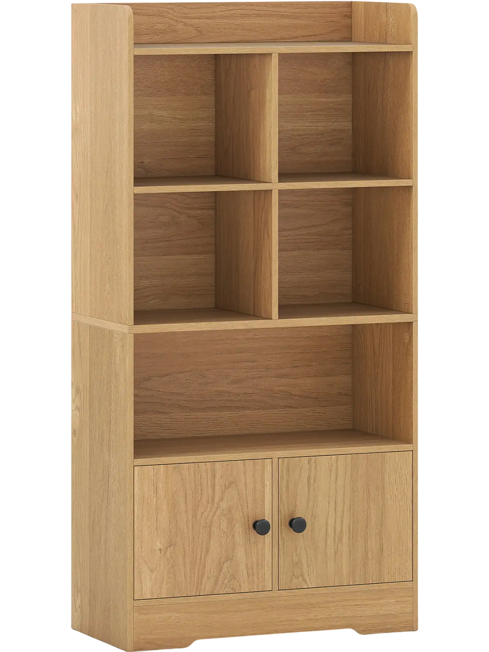 4-tier bookshelf in natural finish with 4 open cubes and 2-door cabinet, perfect for living room or office storage.
