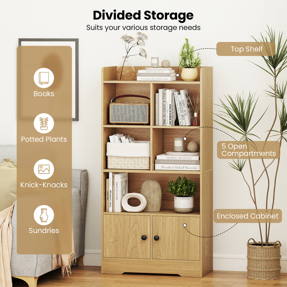Natural 4-tier bookshelf with 5 open compartments and 2-door cabinet, ideal for living room or office storage.