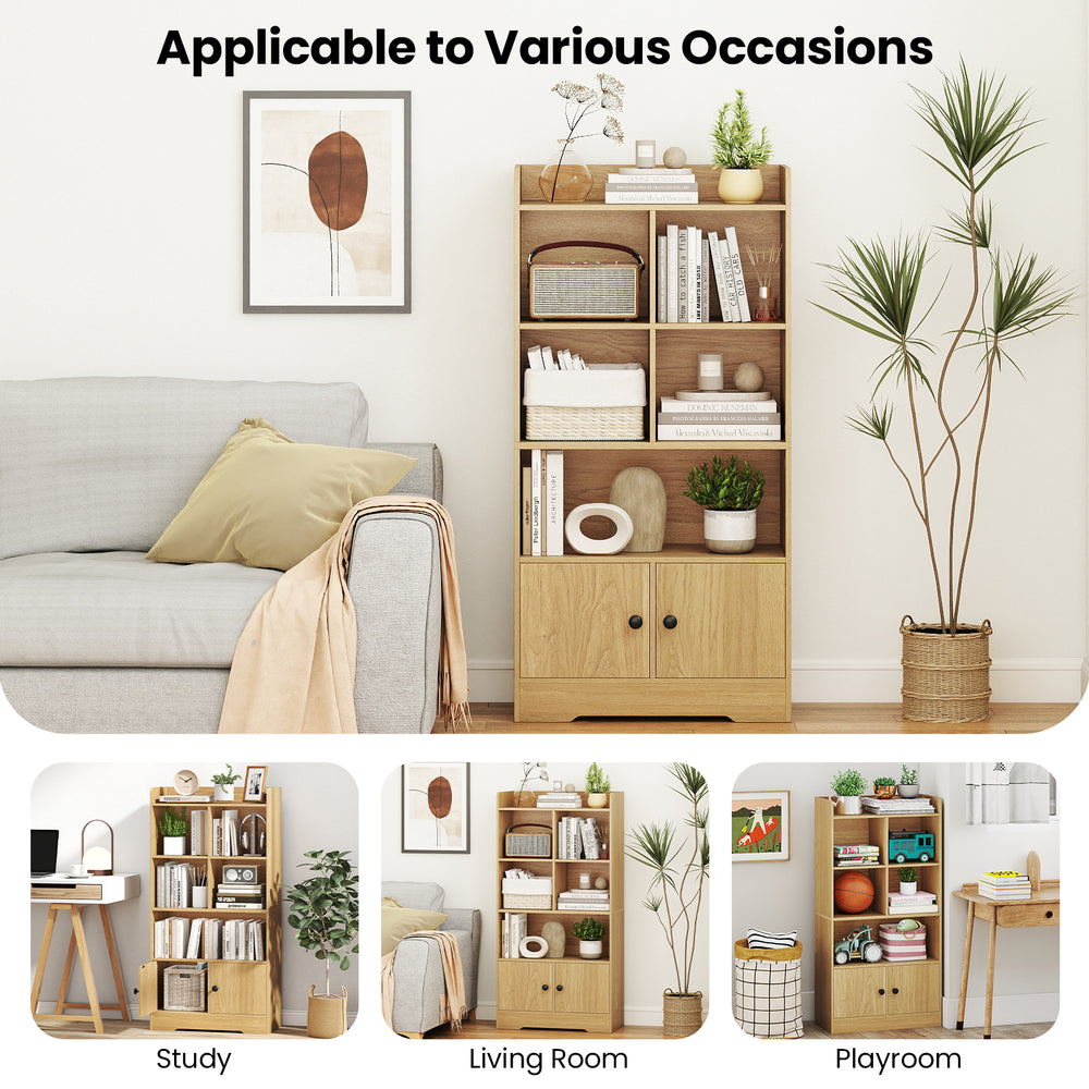 4-tier natural bookshelf with 2 doors and cubes, perfect for storage in living room, study, or playroom.