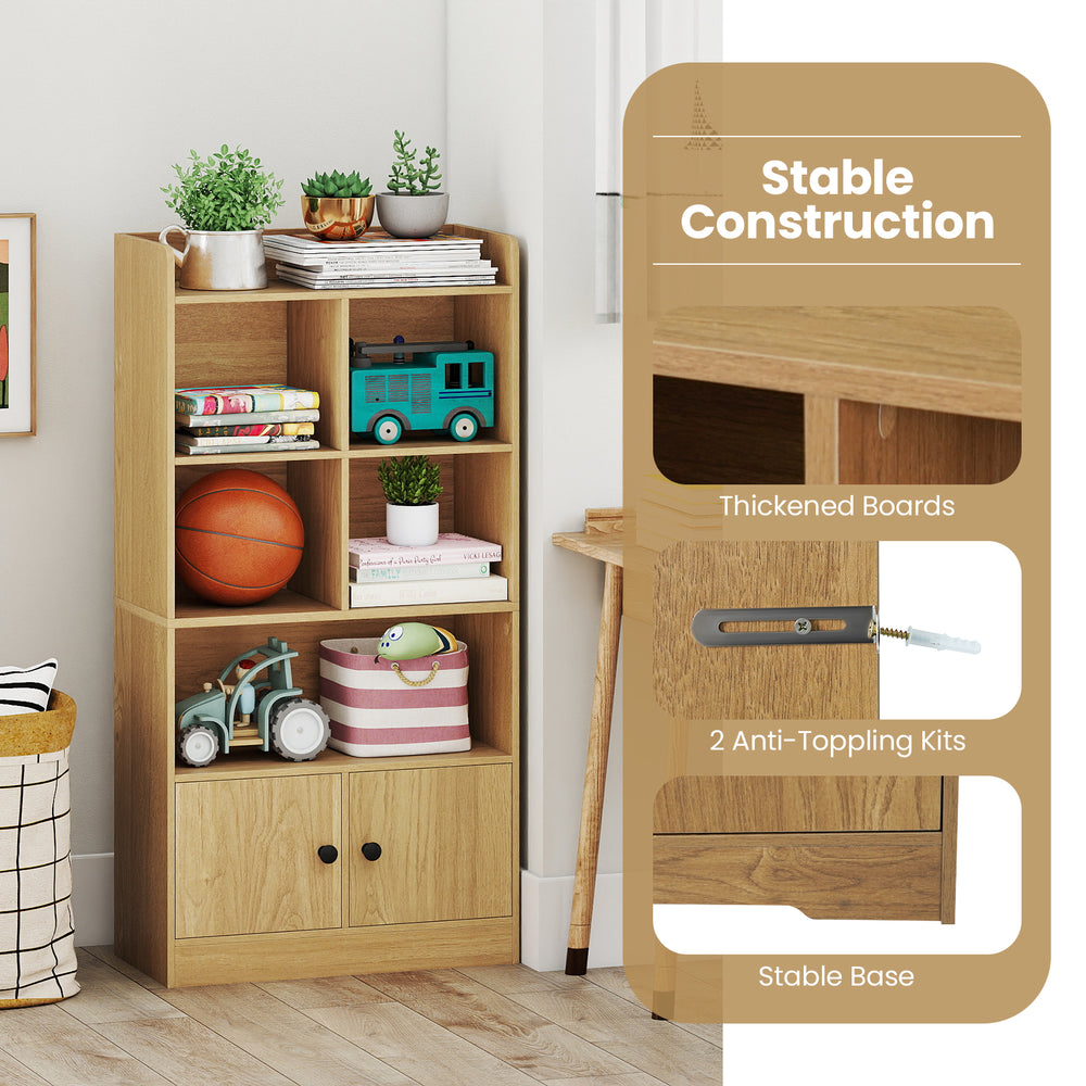 4-tier bookshelf with natural finish, featuring open cubes and enclosed cabinet, ideal for living room or office.