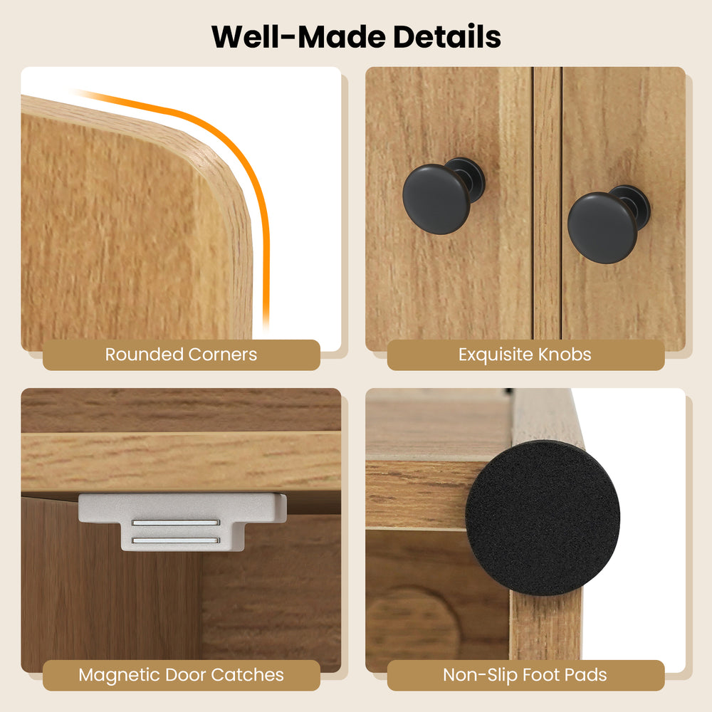 Well-made details of the 4-tier bookshelf showcasing rounded corners, magnetic door catches, and non-slip foot pads.