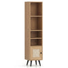 Tall storage cabinet with natural rattan door and adjustable shelves, perfect for maximizing space in small areas.