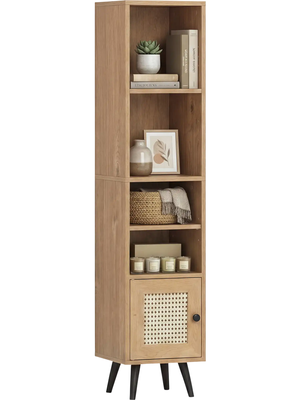 Slim natural rattan storage cabinet with four tiers, adjustable shelves, and a privacy door, ideal for small spaces.