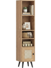 Slim natural rattan storage cabinet with four tiers, adjustable shelves, and a privacy door, ideal for small spaces.