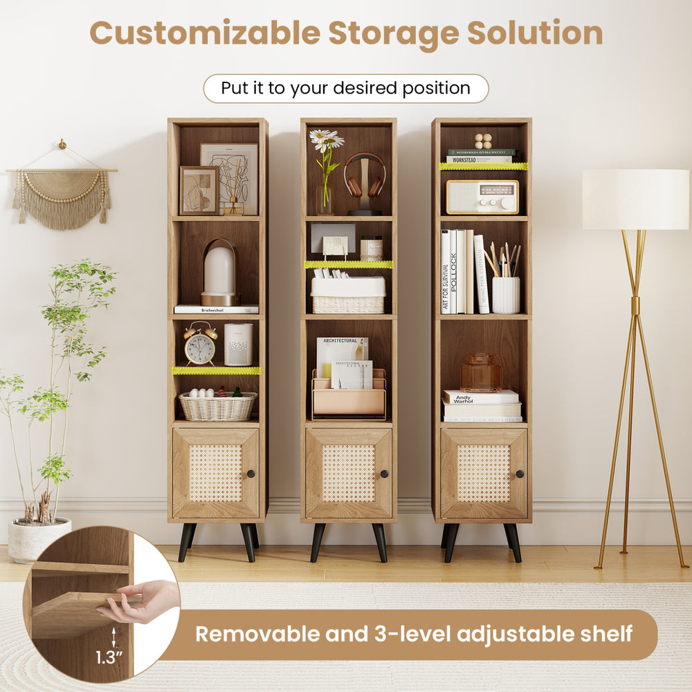 4-tier natural rattan storage cabinet with adjustable shelves, perfect for books and decor in small spaces.
