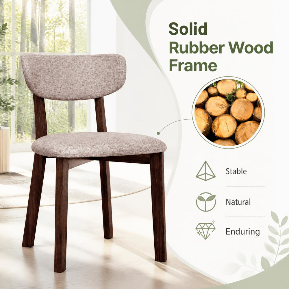 Upholstered dining chair with a solid rubber wood frame and curved backrest, designed for ergonomic comfort and stability.