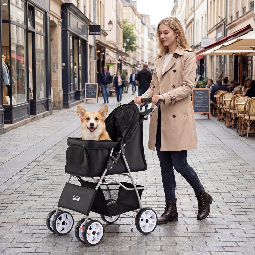 4 Wheel Pet Stroller in black for small dogs and cats, featuring adjustable canopy and spacious bottom basket for.