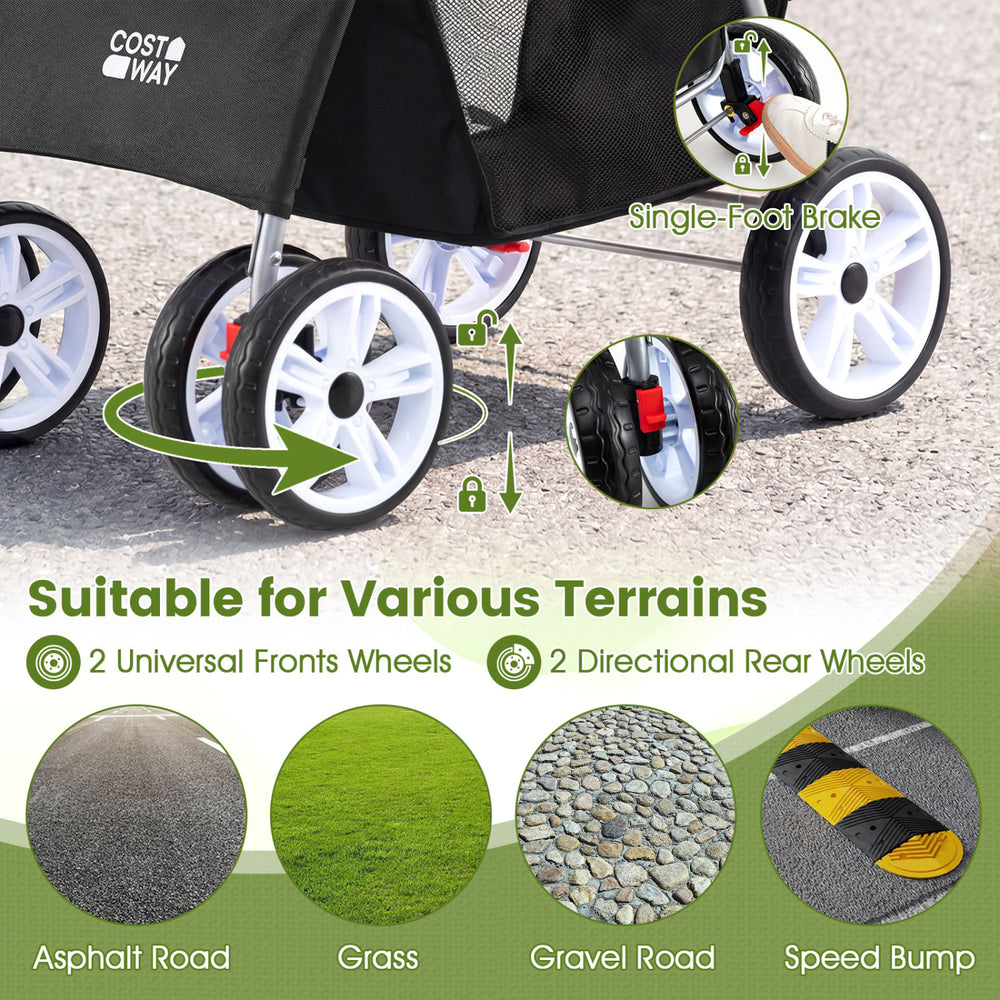 4-wheel pet stroller for small dogs and cats, featuring universal front wheels, single-foot brake, and suitable for.