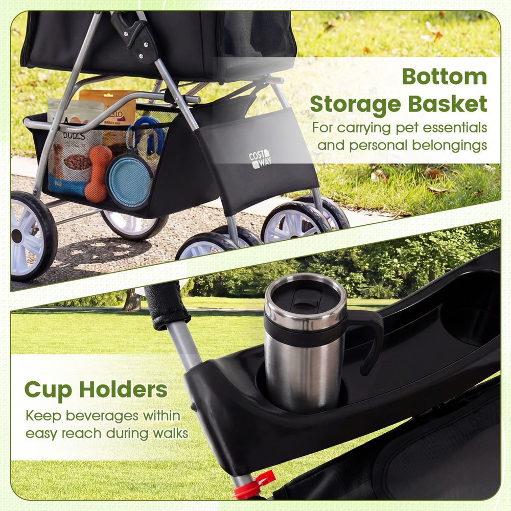 Bottom storage basket and cup holders on the 4 Wheel Pet Stroller for small dogs and cats, ideal for organized outings.