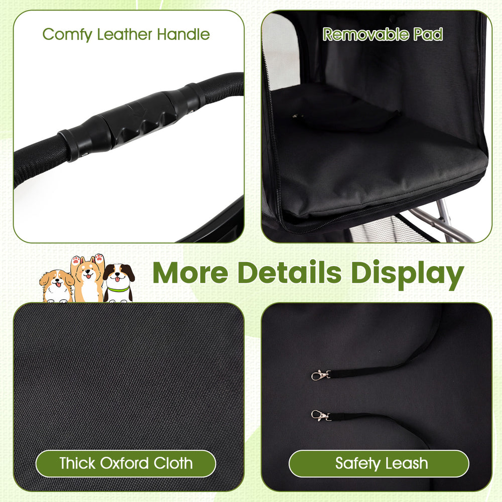 Close-up of the comfy leather handle and removable pad of a black 4 wheel pet stroller for small dogs and cats.