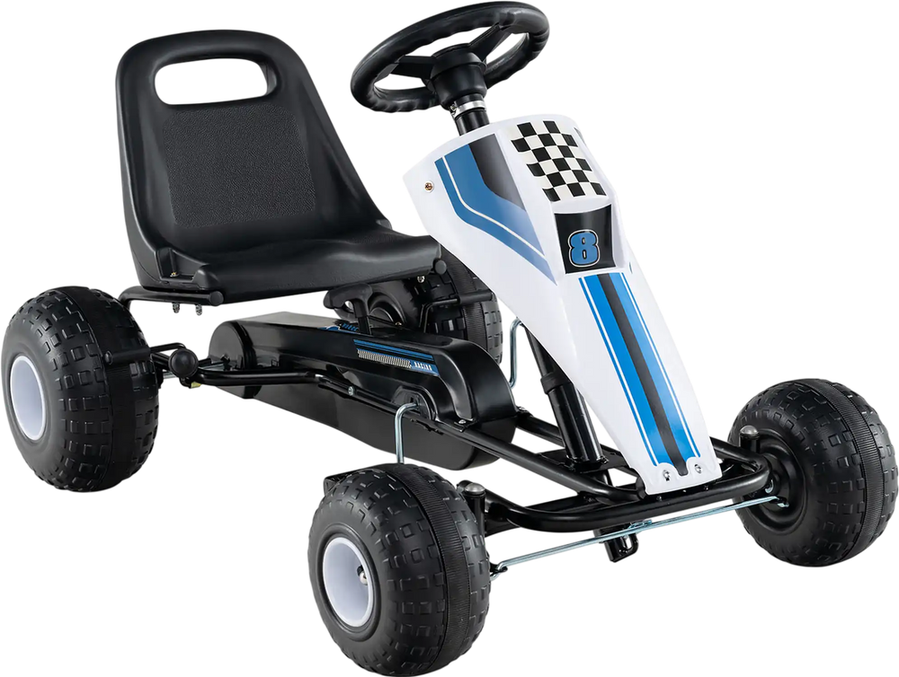 Pedal go-kart for kids with adjustable seat, steering wheel, and safe handbrake, designed for various terrains.