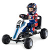 Kids' pedal go-kart in white with adjustable seat, steering wheel, and handbrake for safe outdoor fun.